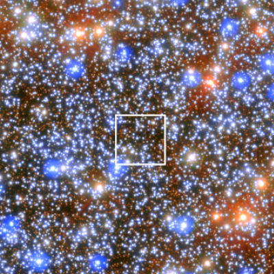 A new coloured ESA/Hubble image of Omega Centauri showing location of black hole. Credit: ESA/Hubble & NASA, M. Häberle (MPIA) 